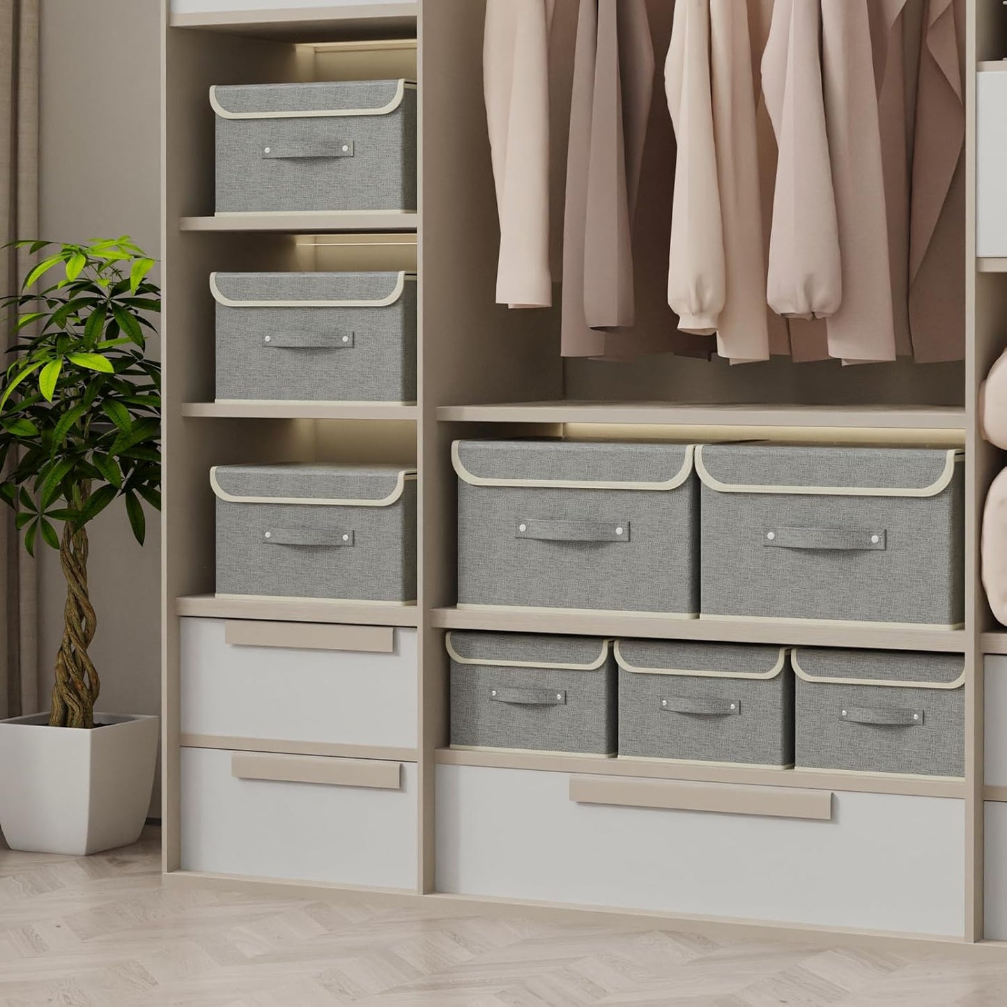 Storage Boxes, Collapsible Storage Bins with Lids, Cotton and linen cloth Storage Baskets with Handle, for Books, Closet, Bedroom, Home, 10.2x7.9x6.7 in, Grey