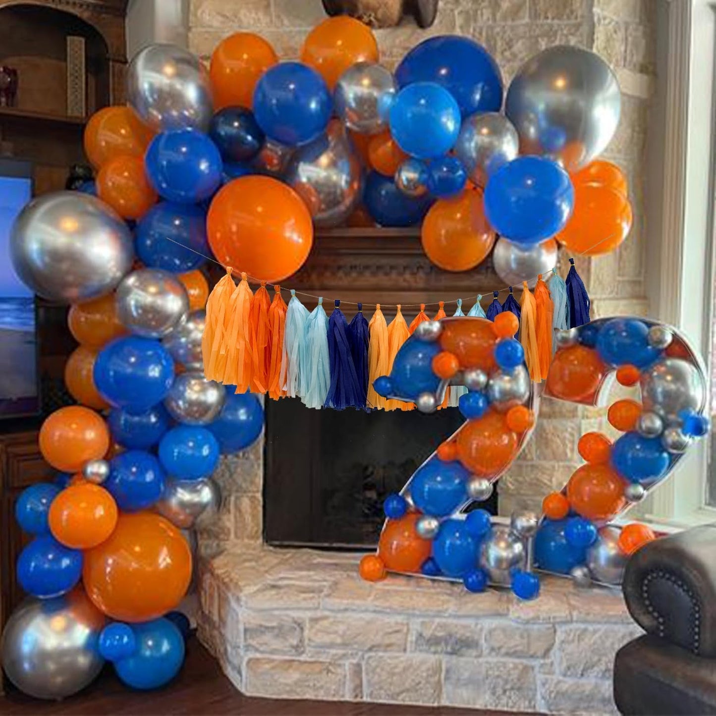 Blue and Orange Tissue Paper Tassel Garland,Tissue Tassel Banner for Party Decorations,Pack of 20