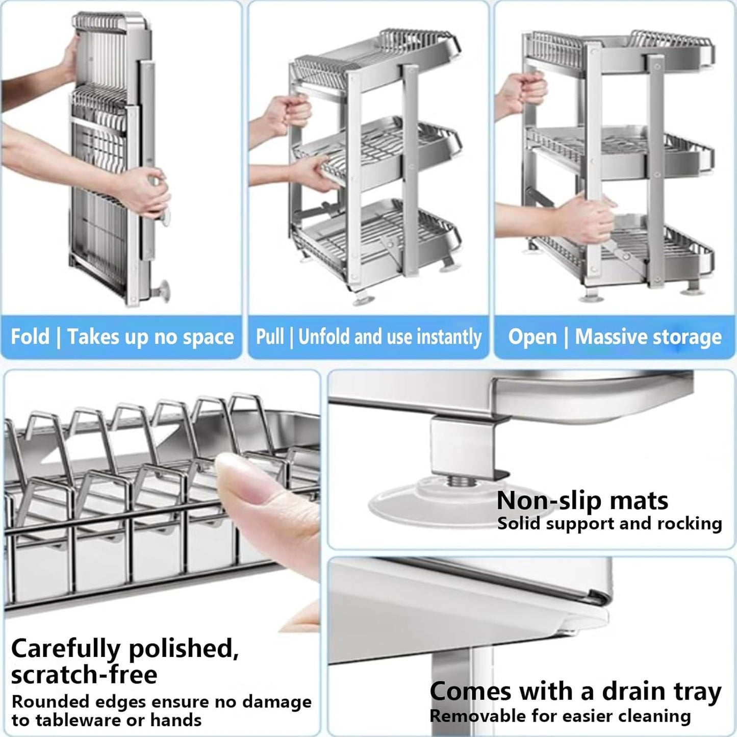 Dish Drying Rack with Drain Board - Rustproof Stainless Steel Dish Rack with Utensil Holder,Dish Racks for Kitchen Counter Over Sink,Over-Sink Drying Rack(Countertop,Third Floor)