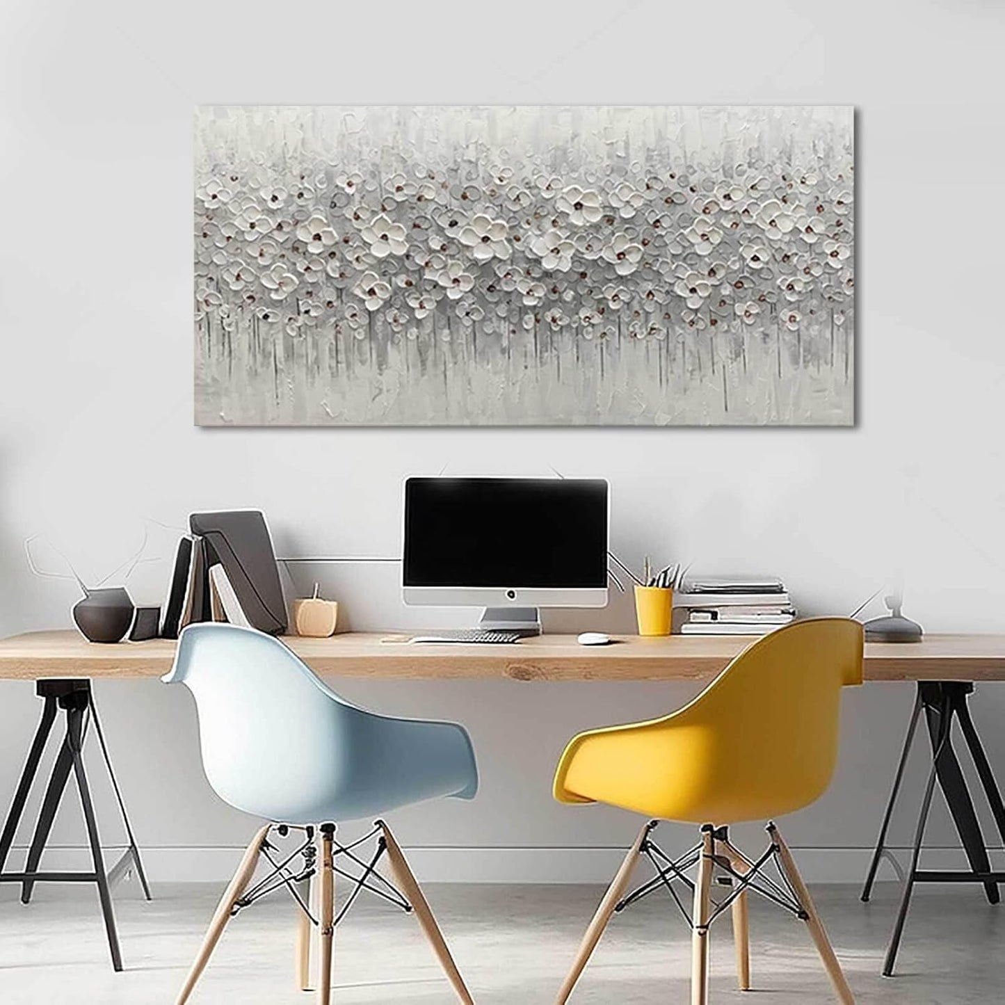 SDYA White Flowers Canvas Art Hanging Decor Botanical Wall Decoration for Living Room Bedroom Oil Painting Contemporary Artwork for office 24x48 Inch