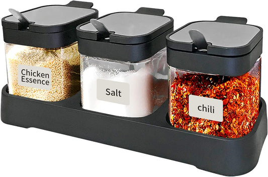 XIUDI Glass Spice Jars(3 piecesset)，Seasoning Containers with 304 Stainless Steel Lids and Spoons，Clear Glass Condiment Canisters Pots Seasoning Box Salt Container Sugar Bowl，for Kitchen,