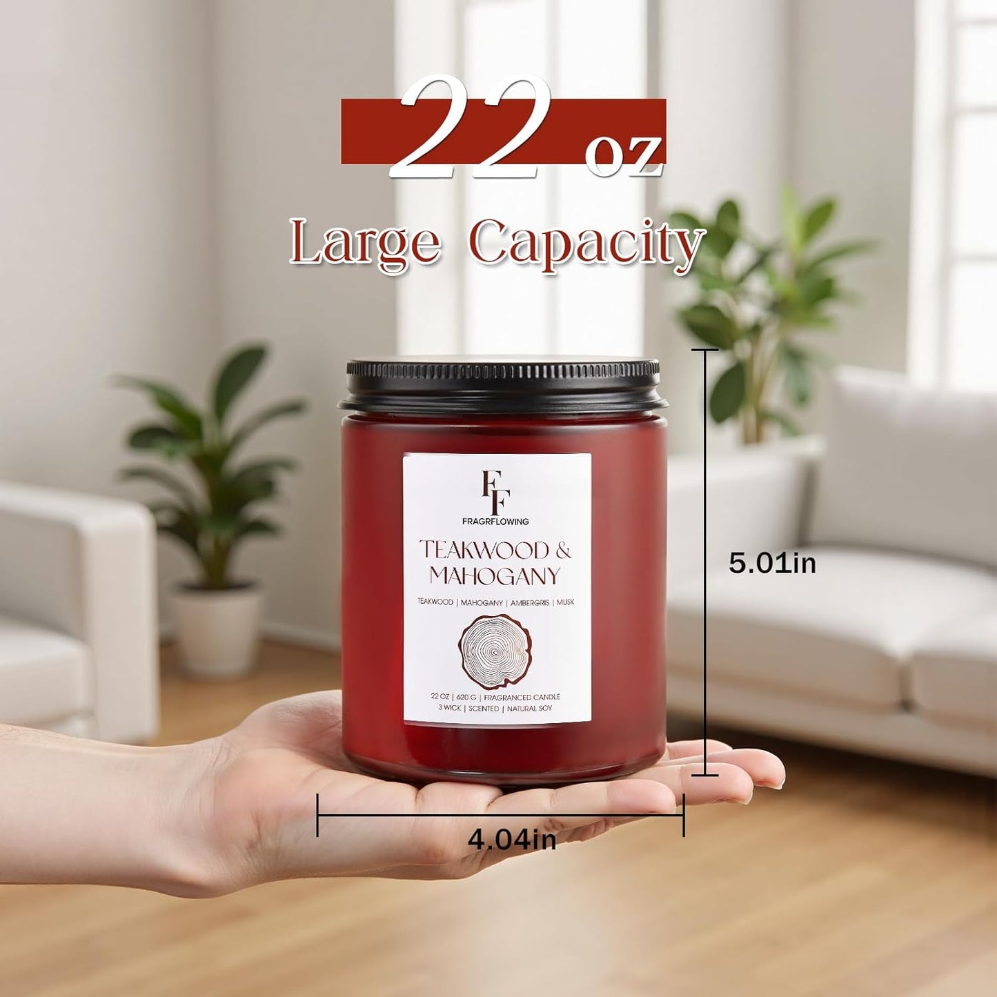 Teakwood & Mahogany Large Scented Candle, 3-Wick 22oz Long Lasting Scented Candle, Natural Soy Wax Aromatherapy Candle for Home, Autumn Candle Gifts for Women Men