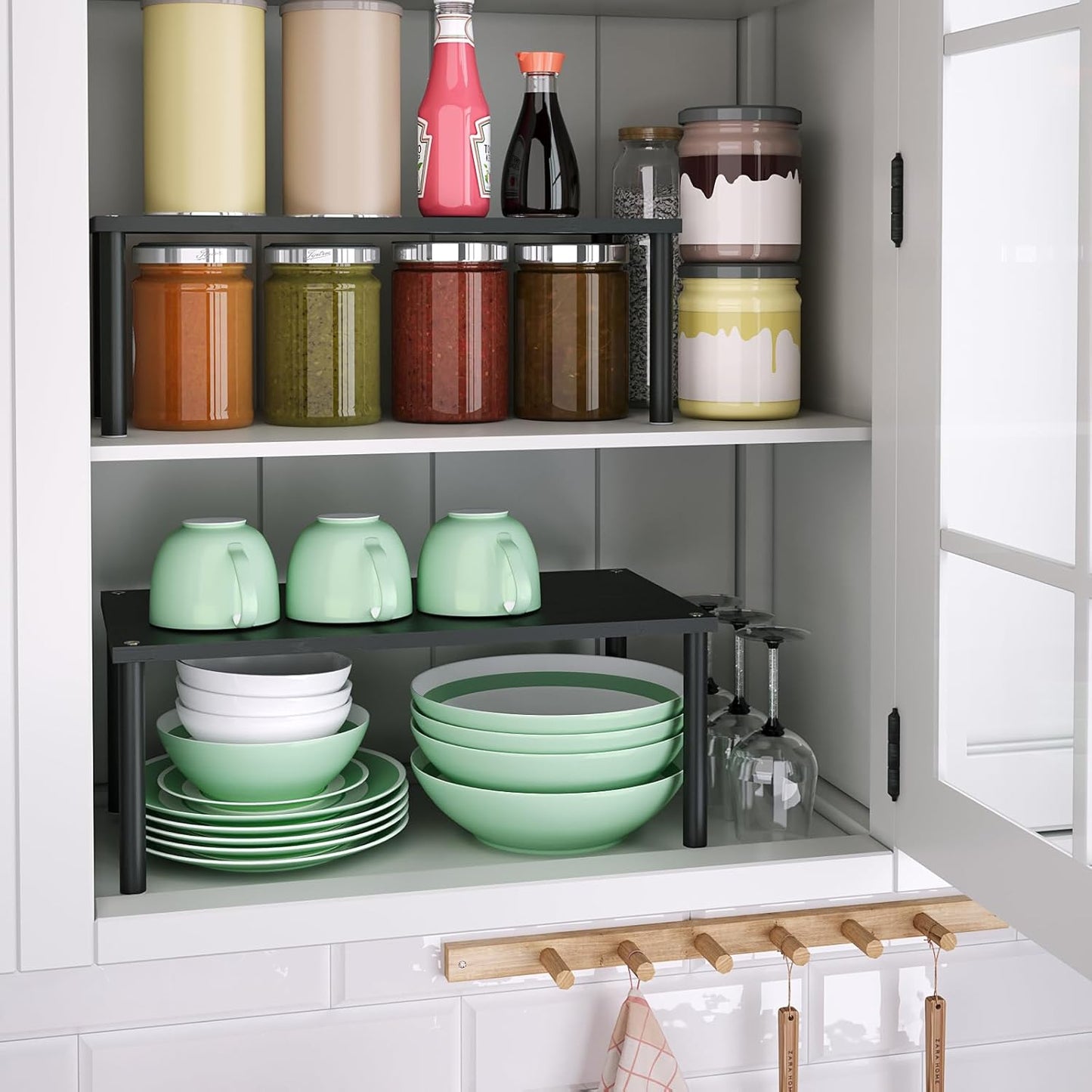 Cabinet Organizer Shelf(Set of 2),Kitchen Counter Shelves,Bamboo Spice Rack Countertop and Cabinet,Stackable Expandable,Medium(Black)