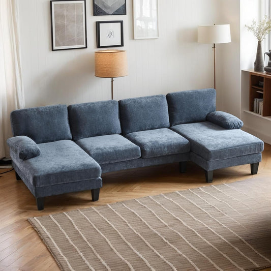 Karl home U-Shape Sectional Sofa Couch 111" Modern 4-Seat Sofa with Chaises Chenille Fabric Upholstered Covertible Couch with Wood Grain Legs for Living Room, Reception Room, Apartment, Navy Blue