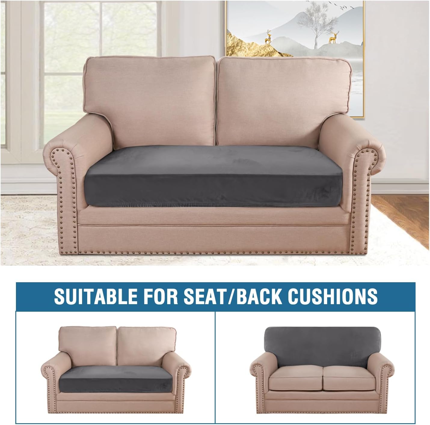 H.VERSAILTEX Velvet Stretch Individual Loveseat Couch Cover Plush Slipcover for Sofa Furniture Protector Seat Cover (1 Piece Loveseat Cushion Cover, Grey)