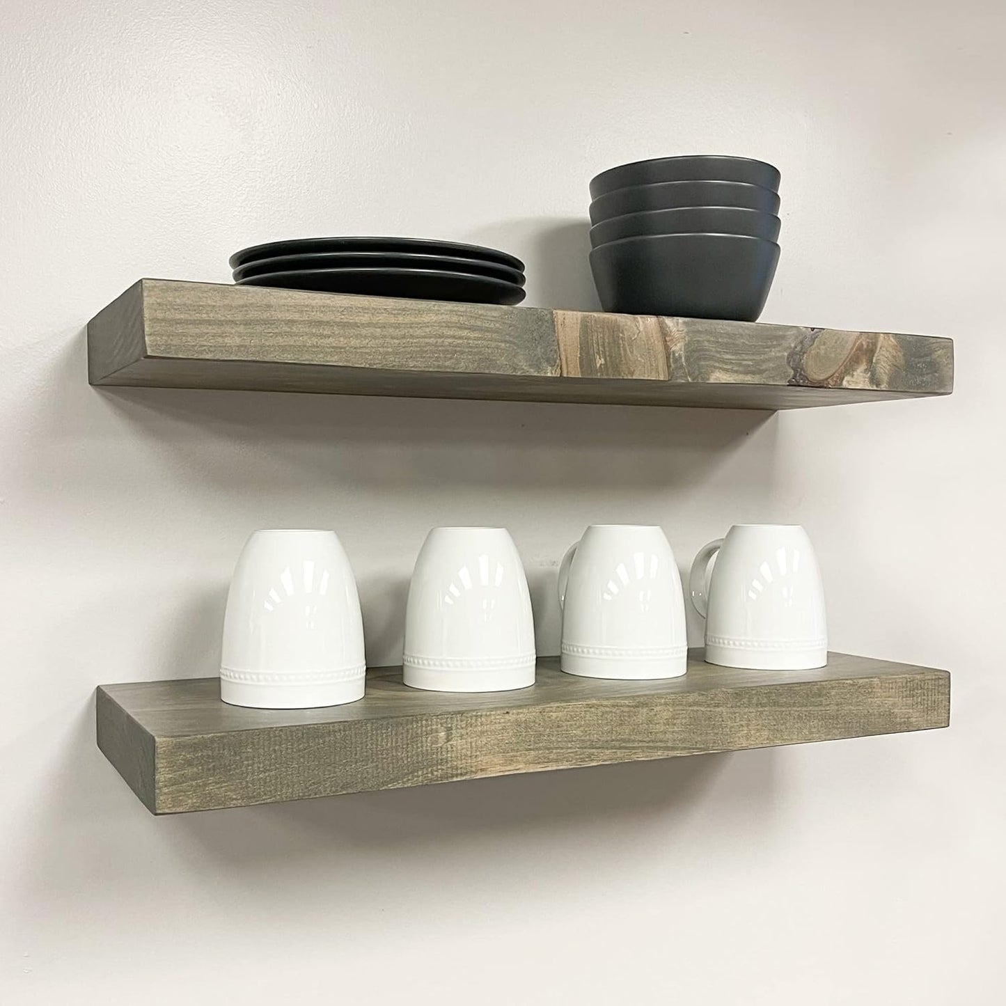 URBANDI, Rustic Floating Shelves, Set of 2, Hidden Bracket, Solid Wood, Heavy Duty, Wall Mounted Shelves, (Grey, 48Wx8D)