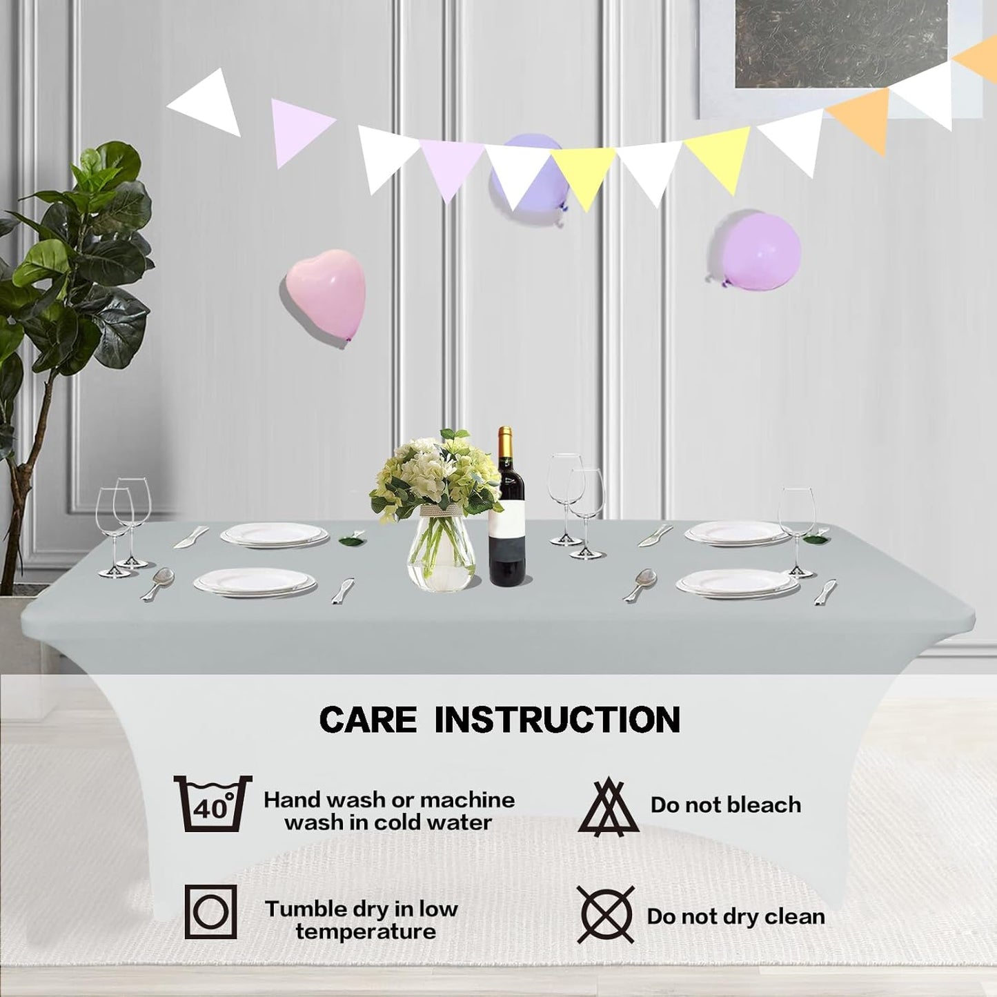 IVAPUPU 2 Pack 8FT Table Cloth for Rectangular Fitted Events Stretch Grey Table Covers Washable Cover Spandex Tablecloth Protector for Party, Wedding, Cocktail, Banquet, Festival