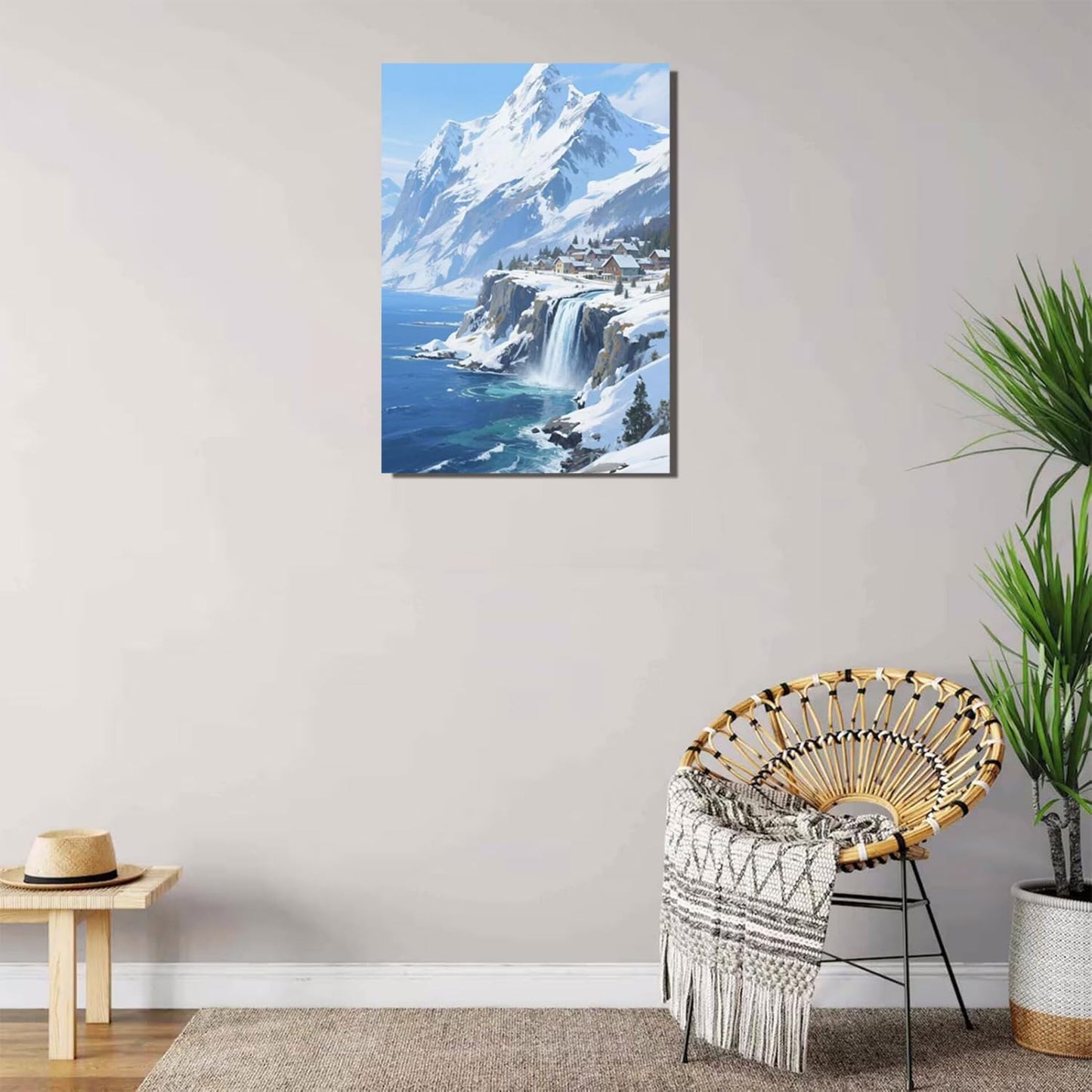 Winter lakeside town and snowy scenery merge together to form a landscape poster wall art suitable for living room bedroom and office