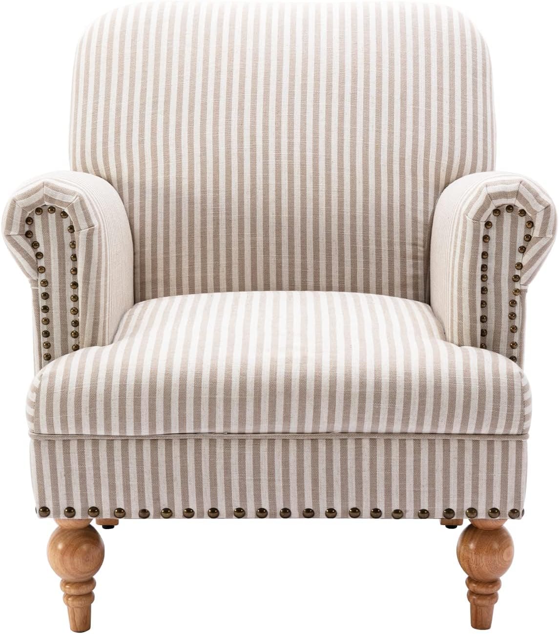 chairus Linen Accent Chair for Living Room Upholstered Mid Century Modern Single Sofa Chair with Solid Wood Legs Comfy Reading Chair Armchair for Bedroom/Office Room/Recption/Lounge, Khaki Stripe