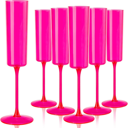 Ciaell 24 Pack Plastic Champagne Flutes - Hot Pink 6 Oz Disposable Champagne Glasses - Square Plastic Toasting Glasses for Party Birthday Anniversary Wedding