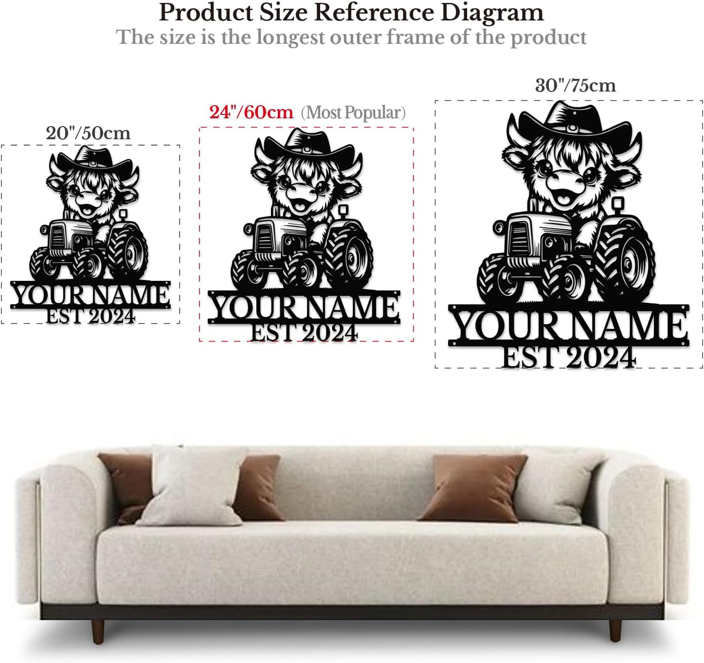 Personalized Highland Cow Name metal Signs,Custom Highland Cow Metal Shed Wall Decor,Black Metal Wall Art Plaques Outdoor wall Decorative Signage (Style B)