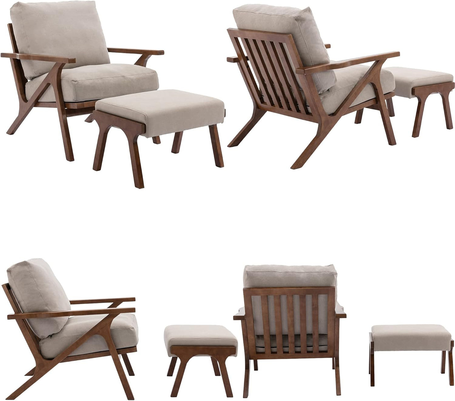 Mid Century Modern Accent Chair with Ottoman, Farmhouse Linen Upholstered Living Room Armchair and Ottoman Set, 23" Seat Wide Retro Leisure Lounge Chair with Wood Frame for Home, Bedroom, Beige