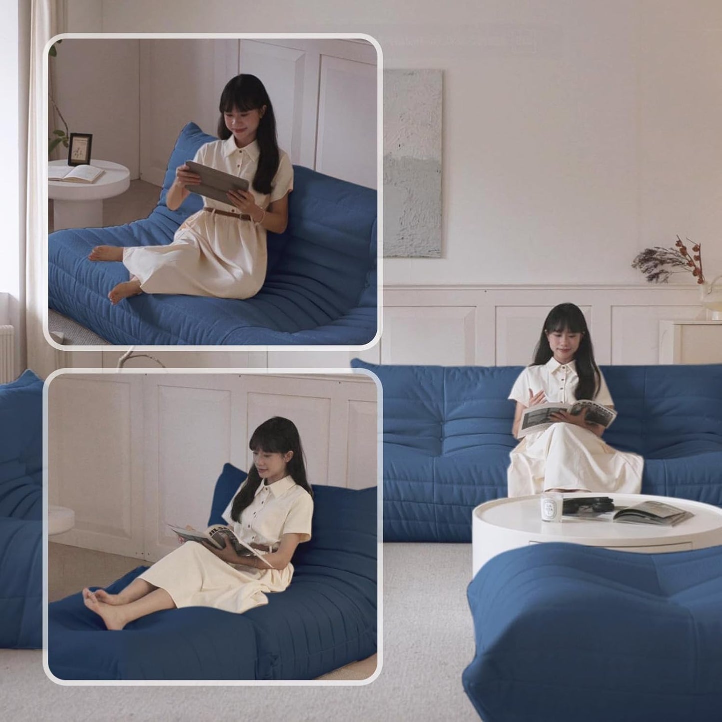 Luxury Ottomans, Modern Square Foot Rest for Sofa Couch Chair, Lazy Floor Seating, Fireside Bean Bag Chair, Tatami Sofa Lounger for Living Room, Bedroom, Office, Black