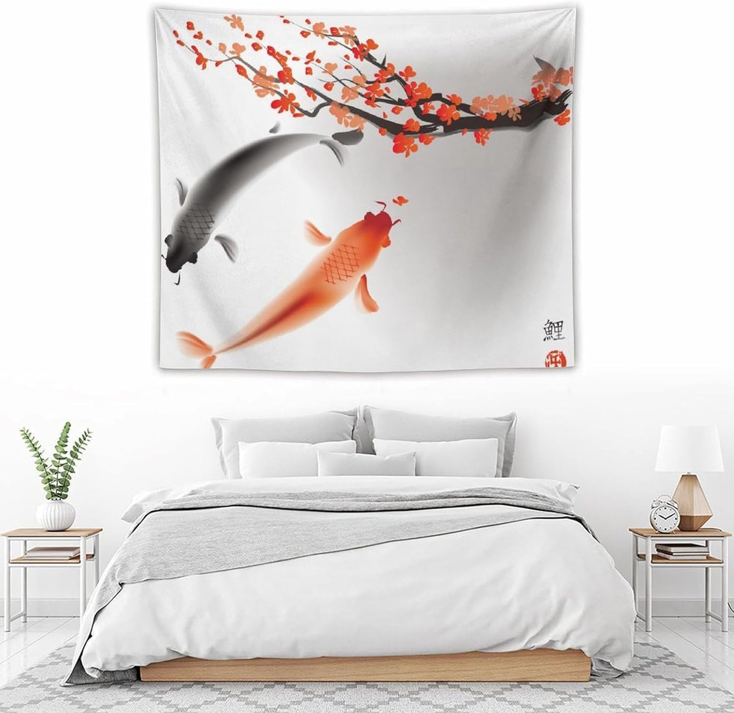 Houselerax Japanese Koi Fish Tapestry, Cherry Blossoms Asian Oriental Flower Branch Koi Fish Carp Tapestries Wall Hanging for Bedroom Living Room Office Decor 60"x50"