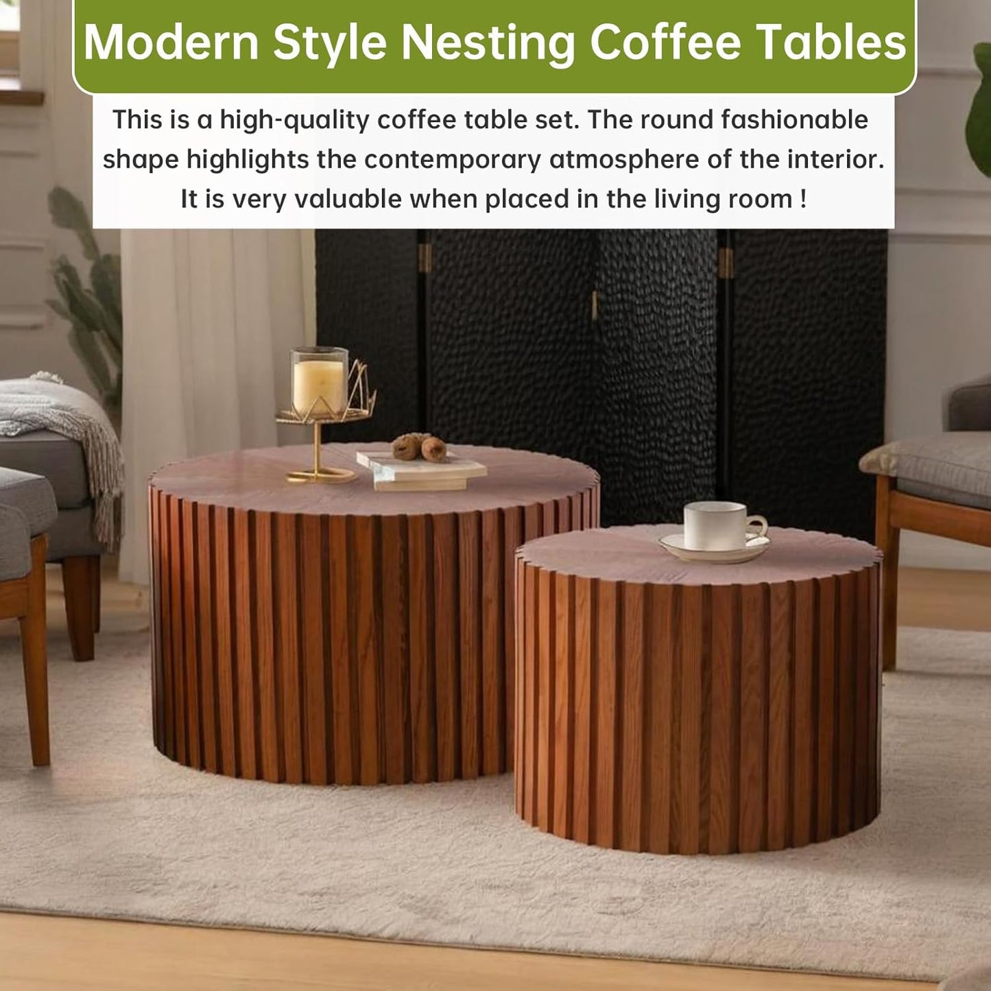 Round Nesting Coffee Table Modern Brown Fluted Coffee Table Set of 2 for Living Room Circle Drum Coffee Tables Round Nesting Tables for Small Spaces (Walnut 27in)