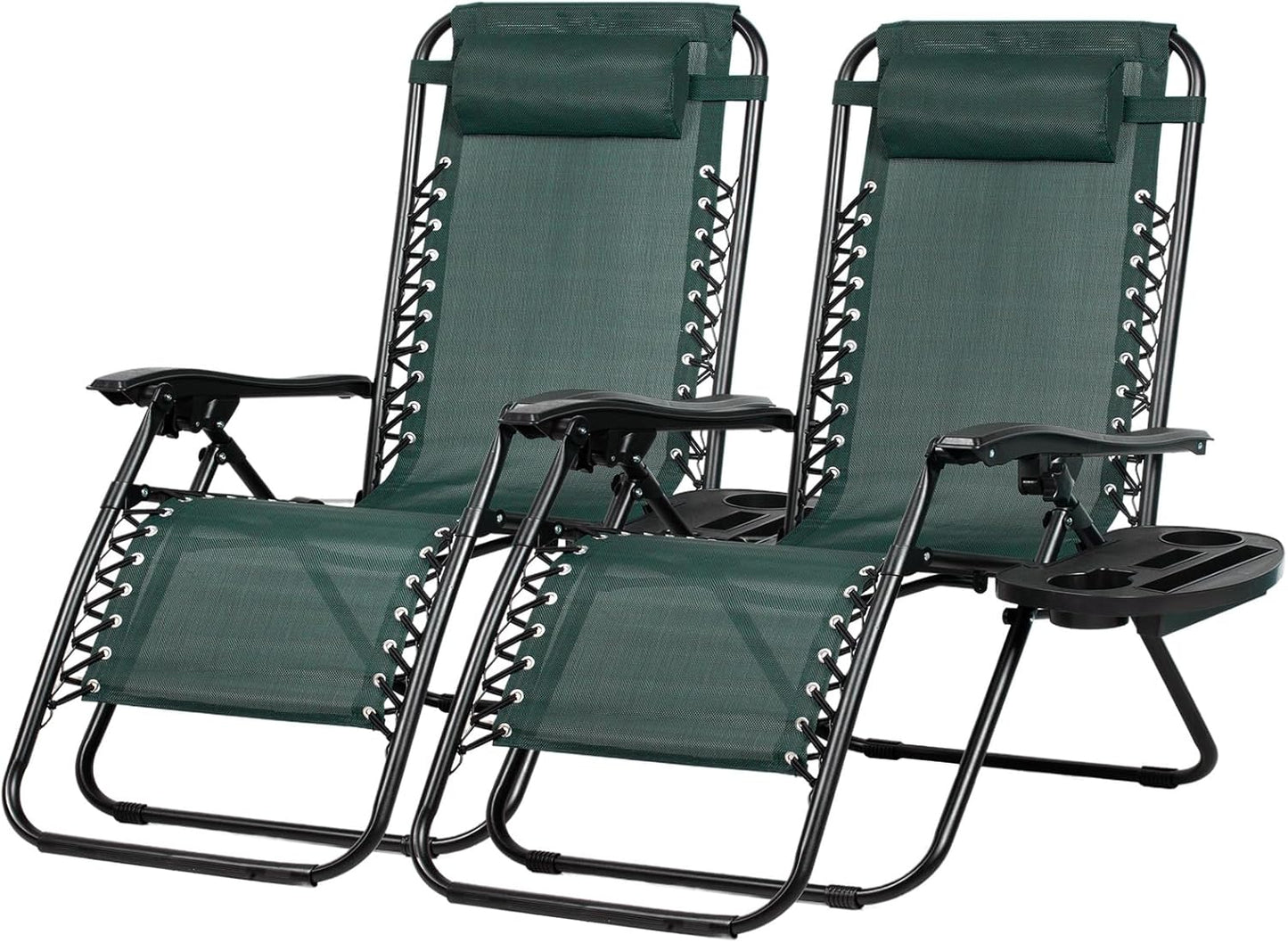 Nazhura Set of 2 Relaxing Recliners Patio Chairs Adjustable Steel Mesh Zero Gravity Lounge Chair Beach Chairs with Pillow and Cup Holder (Dark Green)