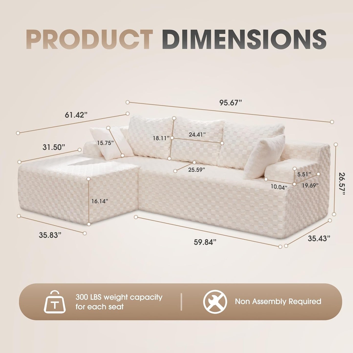 Hobestluk 96” Modular Sectional Sofa Couches L-Shape Couch 3 Seat Modular Sofa Memory Foam Sectional Couches for Living Room, Cloud Couch with Oversized Chaise (White, Checked (Left Facing Chaise))