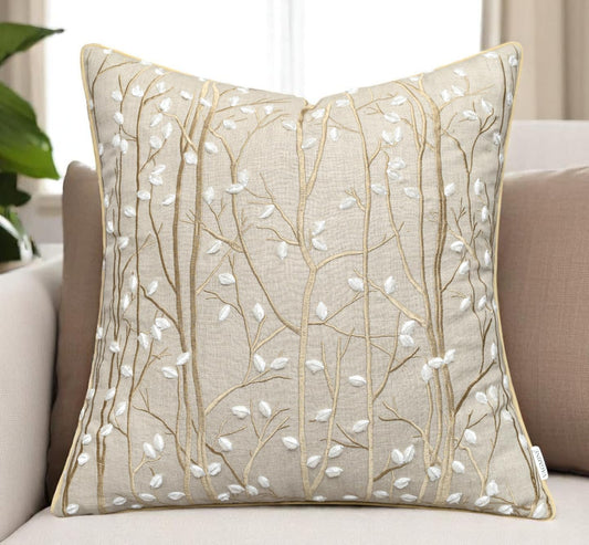 VAGMINE Embroidered Forest Throw Pillow Cover - 18x18 Inches Square - 100% Linen Natural Decorative Cushion Cover - Elegant Embroidery - Rustic Home Accent for Sofa, Bed, Couch, Farmhouse Décor