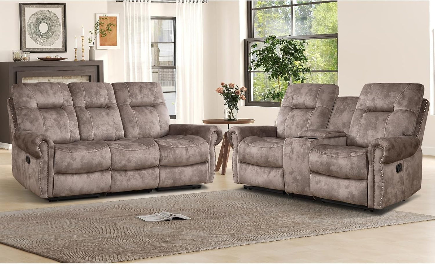 EBELLO 2 Pieces Manual Reclining Couch Furniture Set for Living Room, 2 Seat Loveseat and a 3 Seater Sofa, Vintage Rivet Mid-Century Design for Living Room, Brown