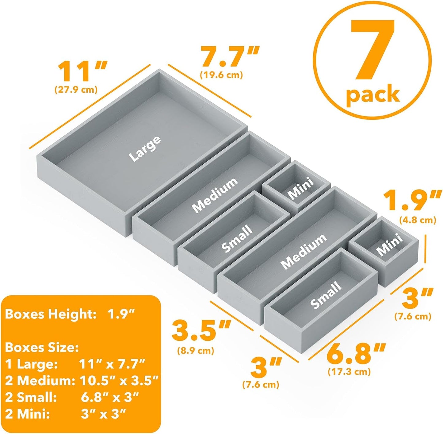 SpaceAid 7-Piece Bamboo Drawer Organizer Storage Boxes Set, Wood Tray Junk Drawer Organizers Multi-Use Divider Bins for Kitchen, Bathroom, Office Desk and Makeup Organization (7 Pack, Gray)