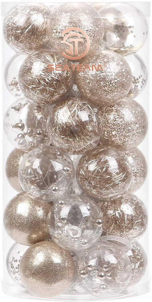 Sea Team 50mm/1.97" Shatterproof Clear Plastic Christmas Tree Ball Ornaments Set, Decorative Hanging Transparent Xmas Baubles with Stuffed Delicate Decorations (30 Counts, Champagne)
