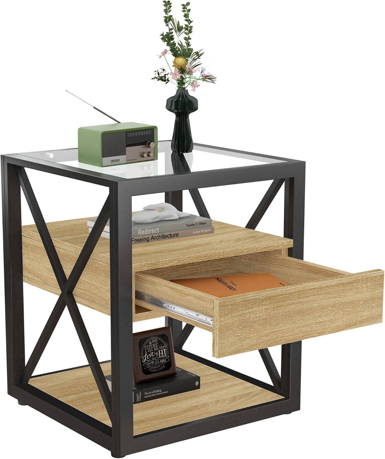 Farmhouse End Table Set of 2, Modern Side Table with Drawer&3-Tier Storage Shelf, Square Rustic Nightstand, Accent Tea Table, for Bedroom Office Living Room, Brown, Natural Wood, Glass, Metal