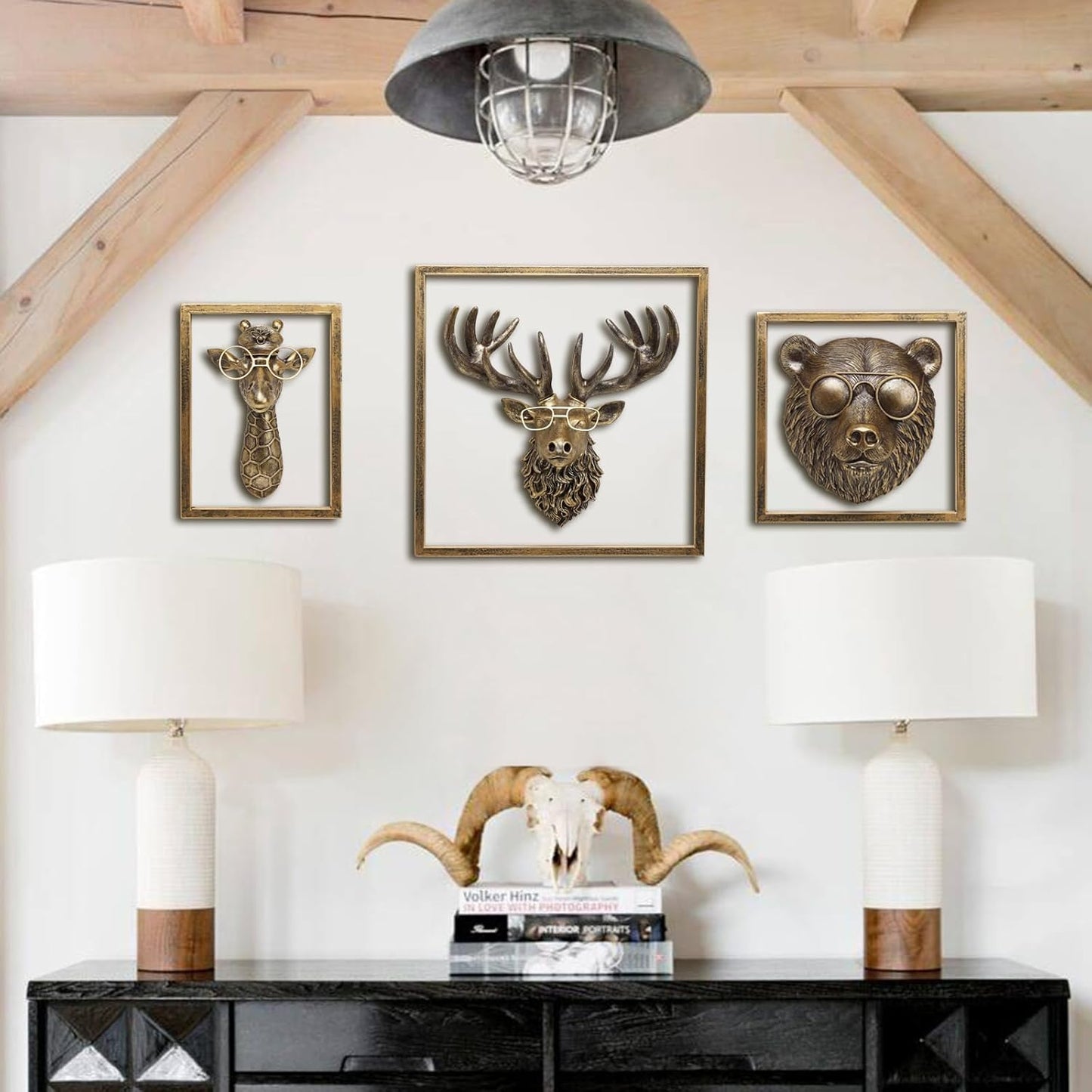 JJALIGHTS Animal Heads Wall Decor Resin Animals Sculptures Head Wall Hanging Decoration Imitation Copper vintage Wall Sculpture for Living Room Bedroom Office(Giraffe,Includes Metal Frame)