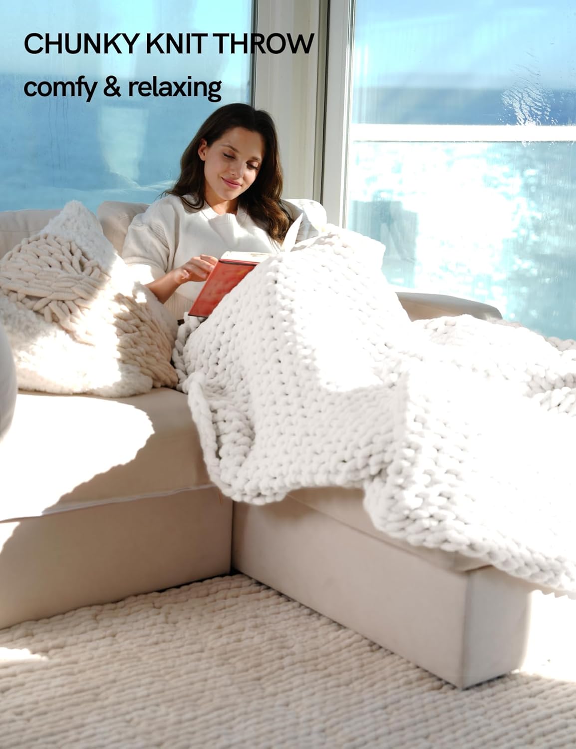 YnM Chunky Throw Blanket, Medium-Weight, Hand Knitted with Chenielle Yarn, Skin Friendly, Ventilated and Breathable, Machine Washable, Home Décor Piece for Couch, Sofa and Bed (White, 50x60 Inch)
