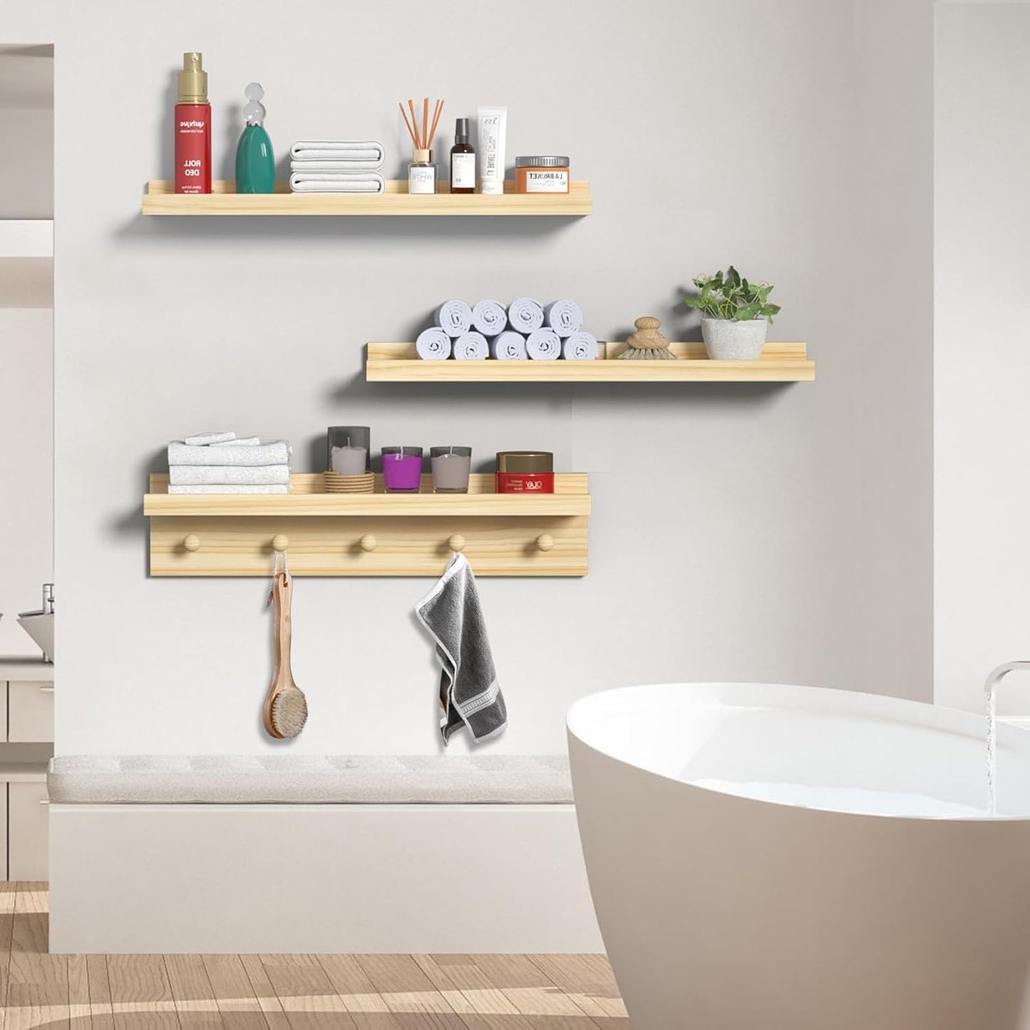 MBYD Natural Wood Floating Shelves, Unfinished Wood Picture Ledge, 24 Inch Picture Ledge for Kids Room, Floating Nursery Book Shelf with Hooks for Living Room, Kitchen, Bathroom