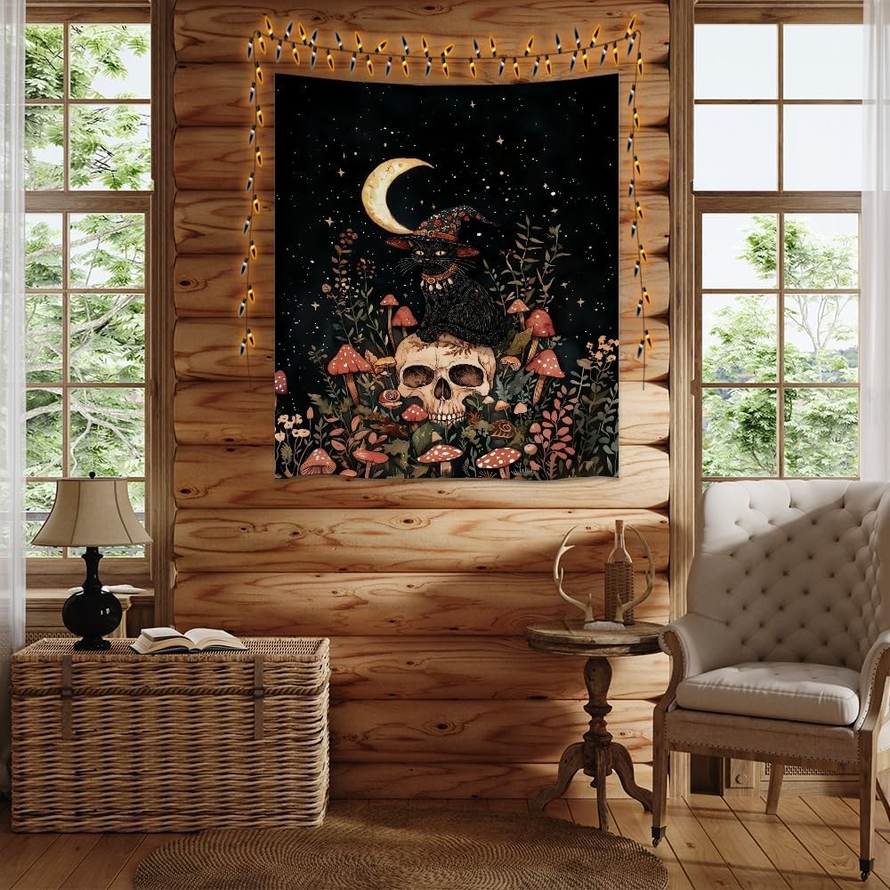 Halloween Witch Cat Tapestry Gothic Skull and Mushroom Artwork Print Spooky Halloween Witchy Wall Hanging Decor Black Cat Crescent Moon art Tapestries for Living Room Bedroom Decoration 60x80inch