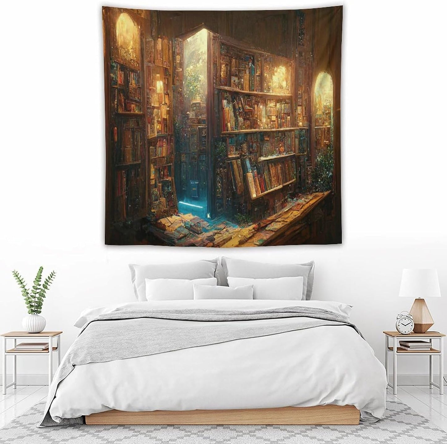 Kurtect Bookshelf Tapestry,Vintage Style Library Watercolor Art Theme Pattern Print Tapestries for Party Beach Picnic Blankets Tablecloths Living Room Wall Deocr, 60x60 in