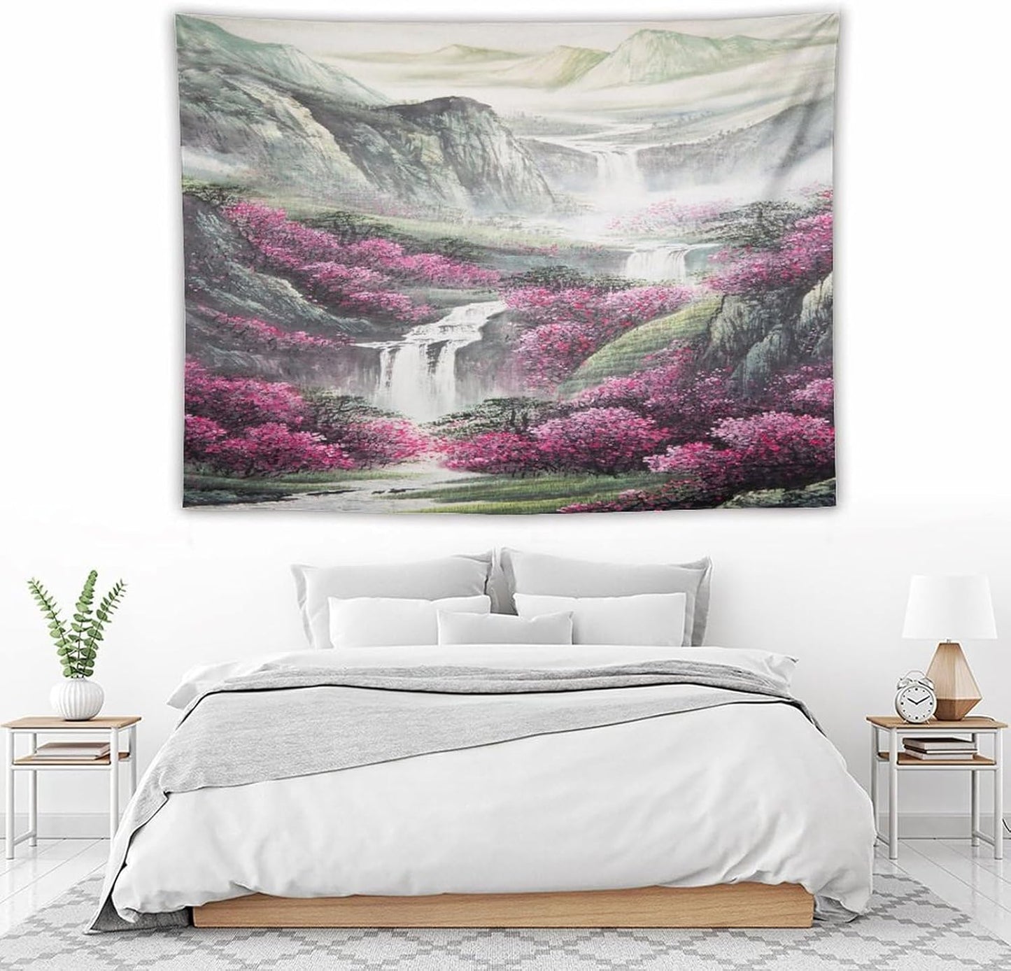 Japanese Tapestry, Red Plum Blossom Mountain Tapestry, Asian Japanese Wall Tapestry, Nature Landscape Tapestries for Bedroom Living Room Decor 80"x60"