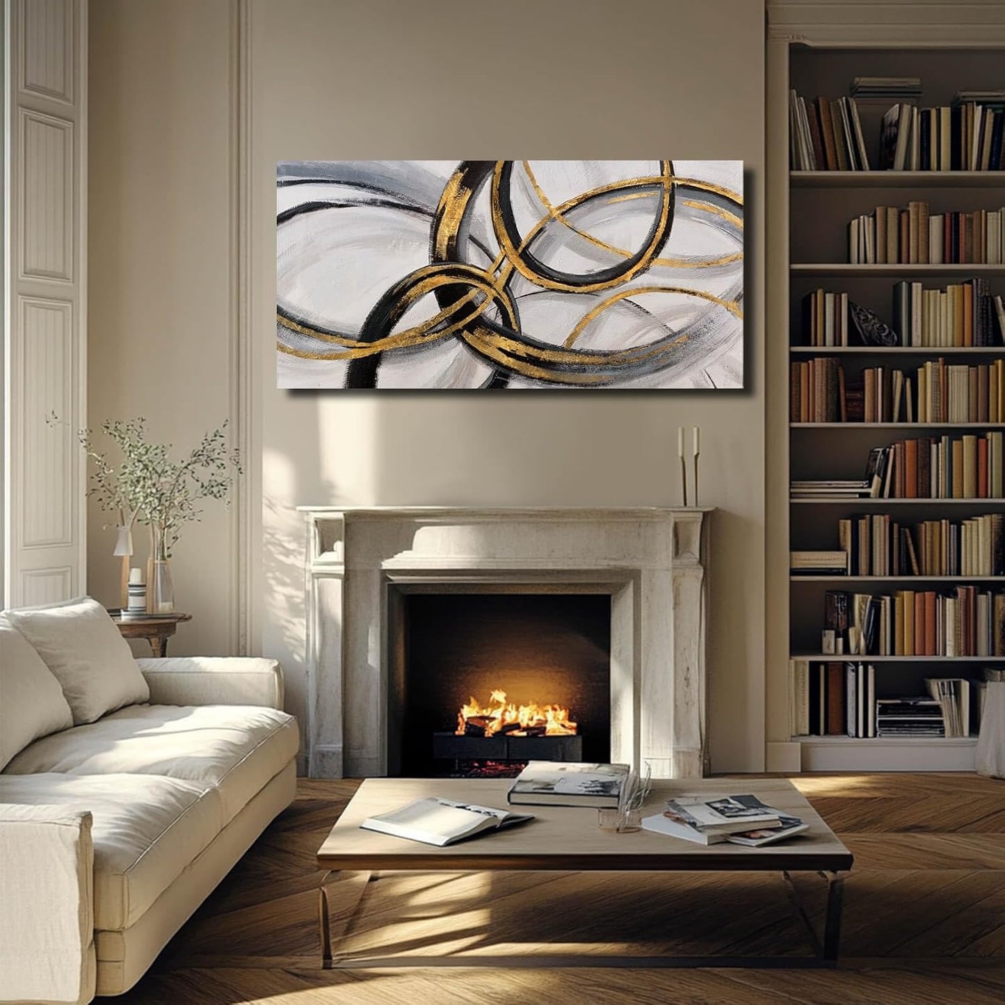 SOUGUAN Living Room Decor for Wall Abstract Wall Art 30x60in Black and Gold Wall Art Round Ring Wall Decoration for Bedroom Dining Room Home Office Ready to Hang