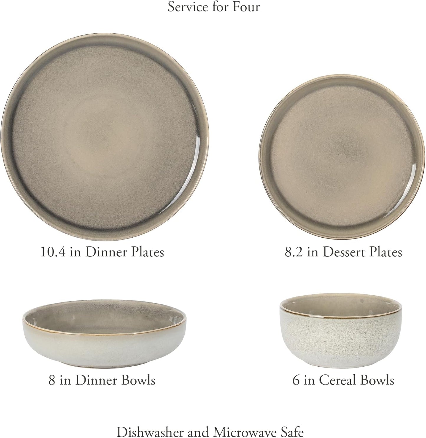 Gibson Elite Sunveil 16 Piece (Service for 4) Plates and Bowls Reactive Glaze Round Dishes Stoneware Ceramic Dinnerware Set -Taupe