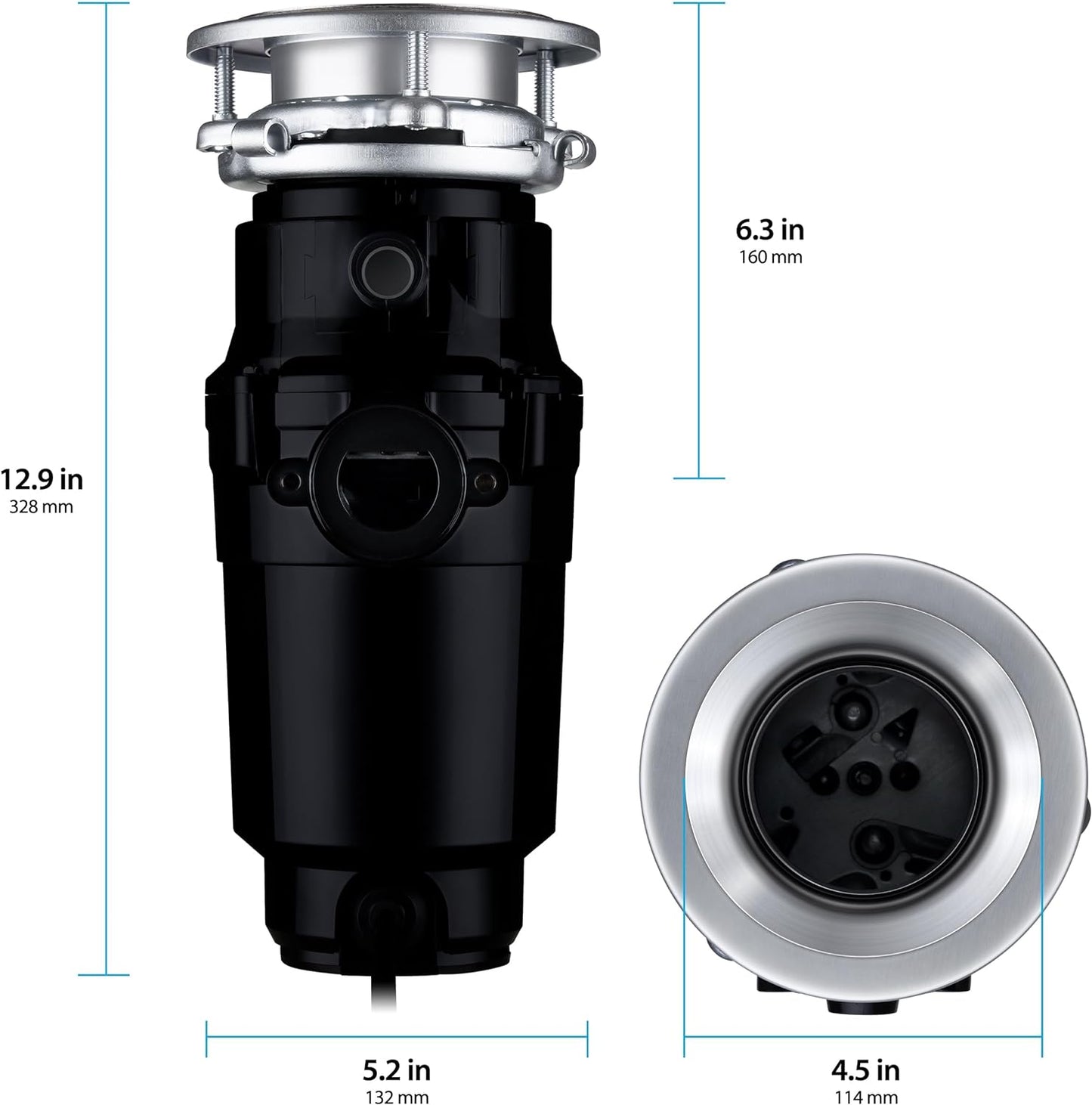 Waste Maid 10-US-WM-158-3B Garbage Disposal Anti-Jam Stainless Steel Food Waste Grinding System, 1/2 HP Standard, Black
