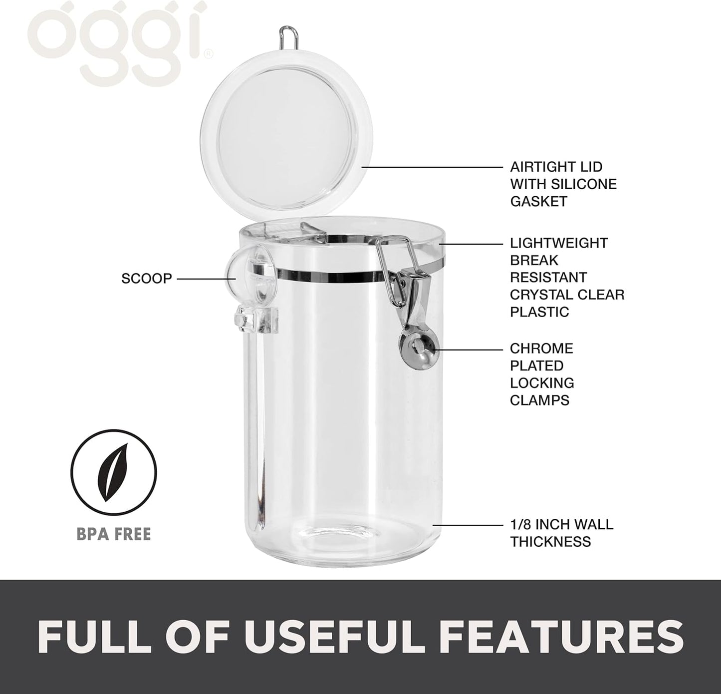 OGGI Clear Canister Airtight 61oz - Clamp Lid & Spoon - Airtight Food Storage Containers, Ideal for Kitchen & Pantry Storage of Bulk, Dry Food Including Flour, Sugar, Coffee, Rice, Tea, Spices & Herbs