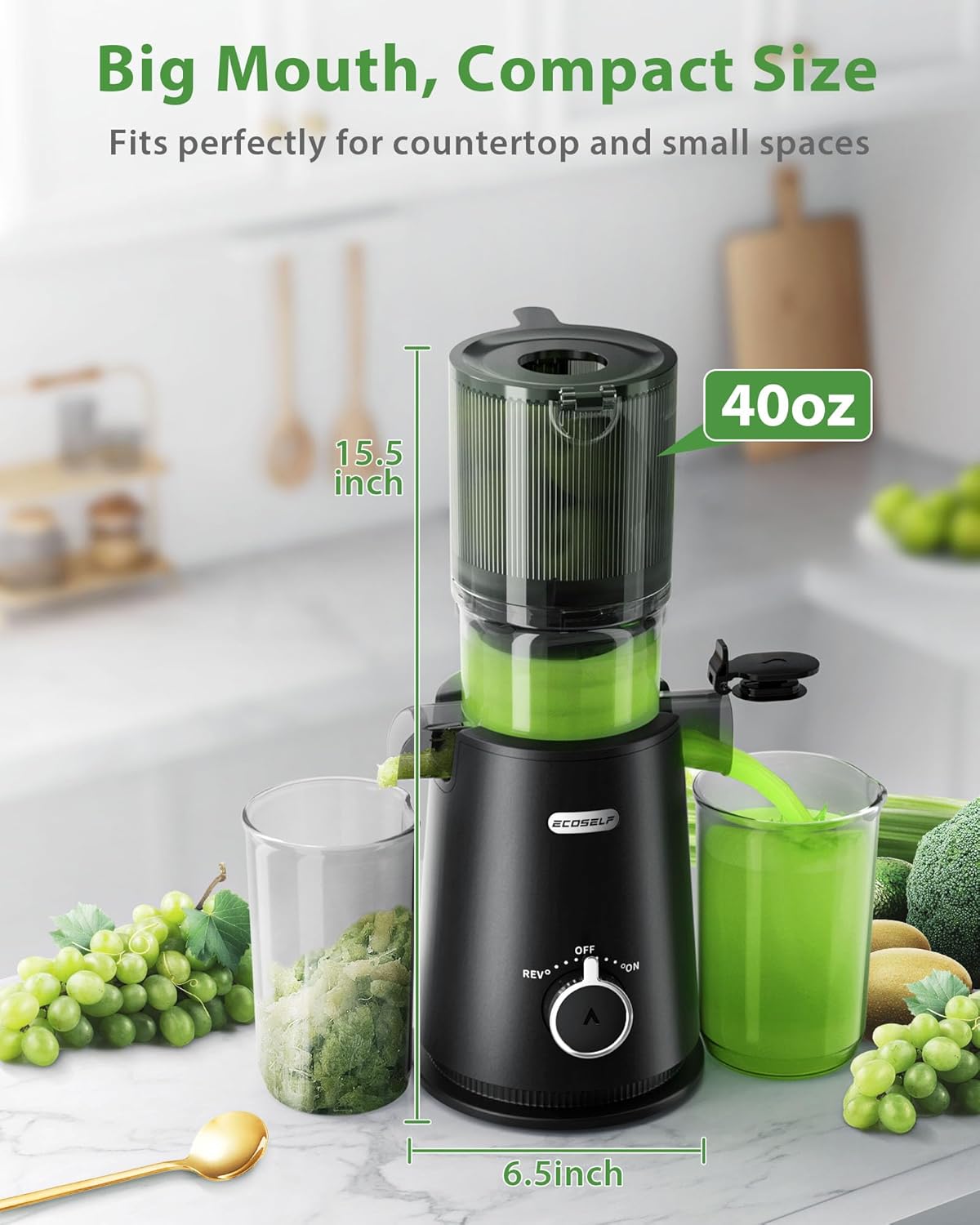 Juicer Machines, ECOSELF 4.35" Large Feed Chute for Family Needs, Professional Hands Free Cold Press Juicer For Whole Fruits & Vegetables, Self Feeding for Juice Extractor Machine, Easy to Clean