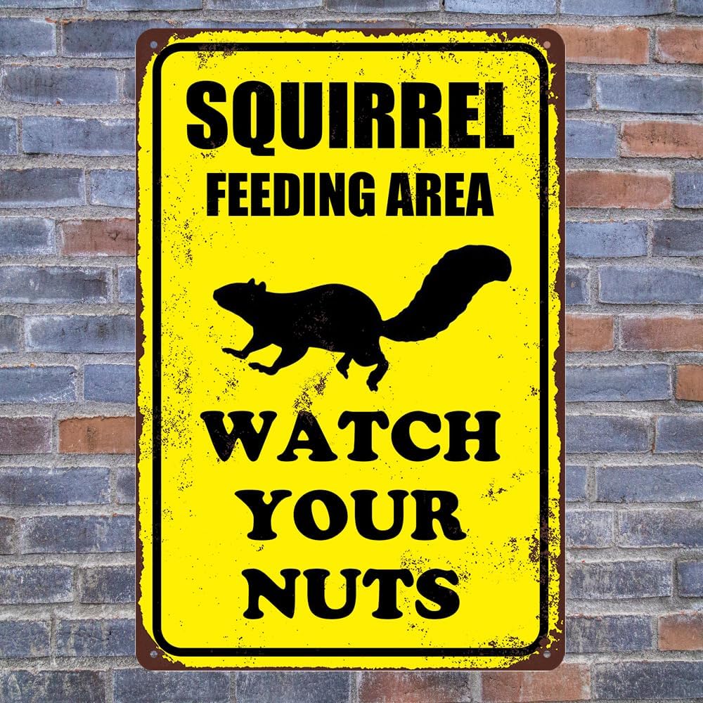 Squirrel Sign Funny Metal Sign Squirrel Feeding Area Watch Your Nuts Signs Vintage Tin Sign For Home Outdoor Garage Wall Decoration 8x12inch