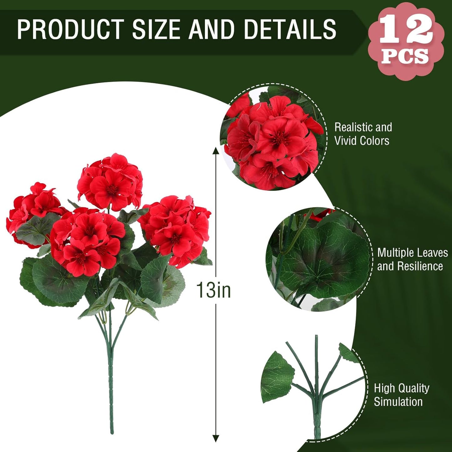 Hananona 12 Bundles Artificial Geranium Flowers for Outdoors Silk Geranium Flowers Outdoor UV Resistant Garden Plants Faux Flower for Home Kitchen Table Centerpieces Decor (12, Red)