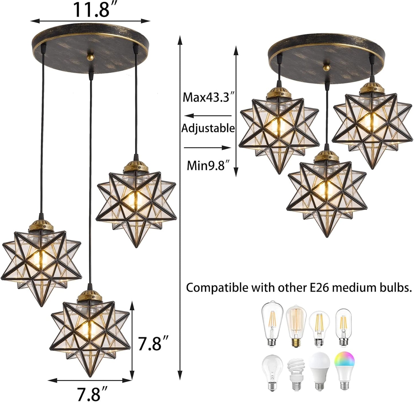Glass Glam Chandelier Star Pendants Light Fixture Modern Elegant Ceiling Hanging Lights Included LED Warm Light Bulbs Oiled Bronze