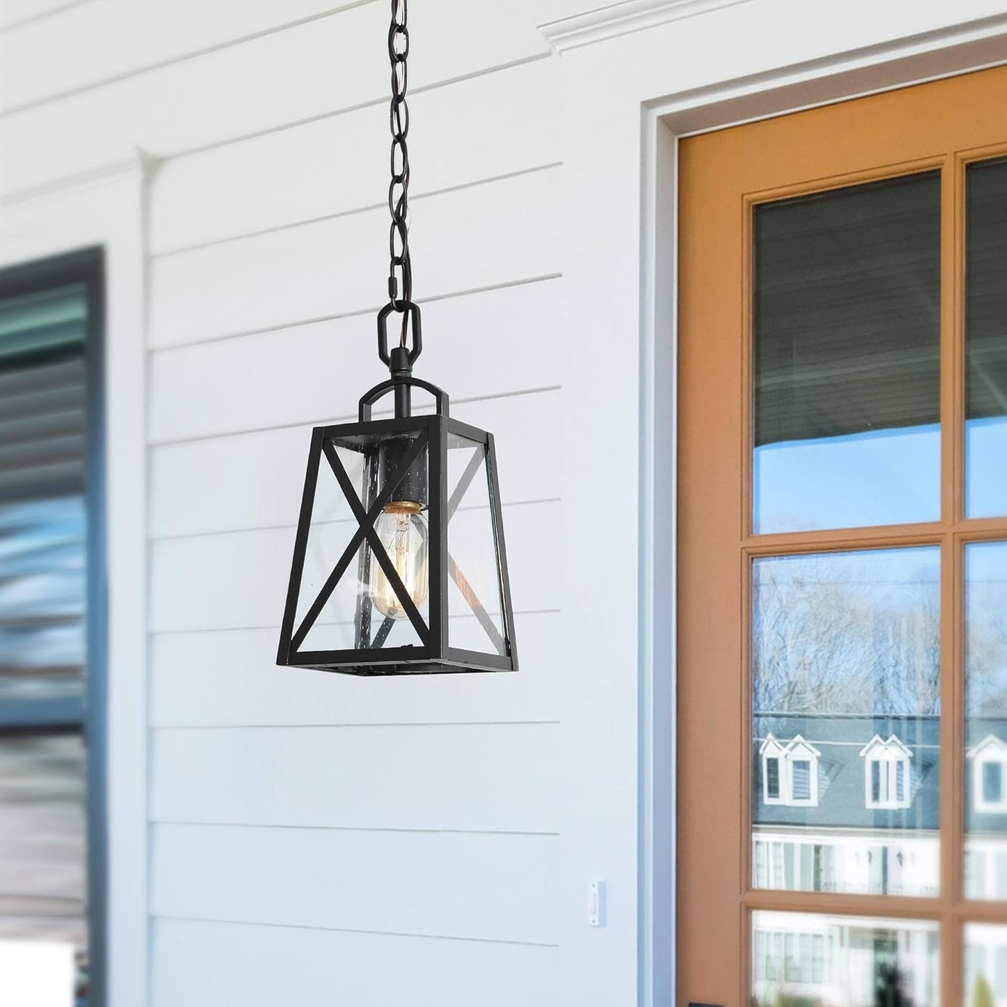 LOG BARN Outdoor Pendant Light Fixture, Farmhouse Exterior Lights, Anti-Rust Ceiling Outdoor Light with Seeded Glass, Lantern Hanging Light for Front Door, Entry, Porch, and Gazebo