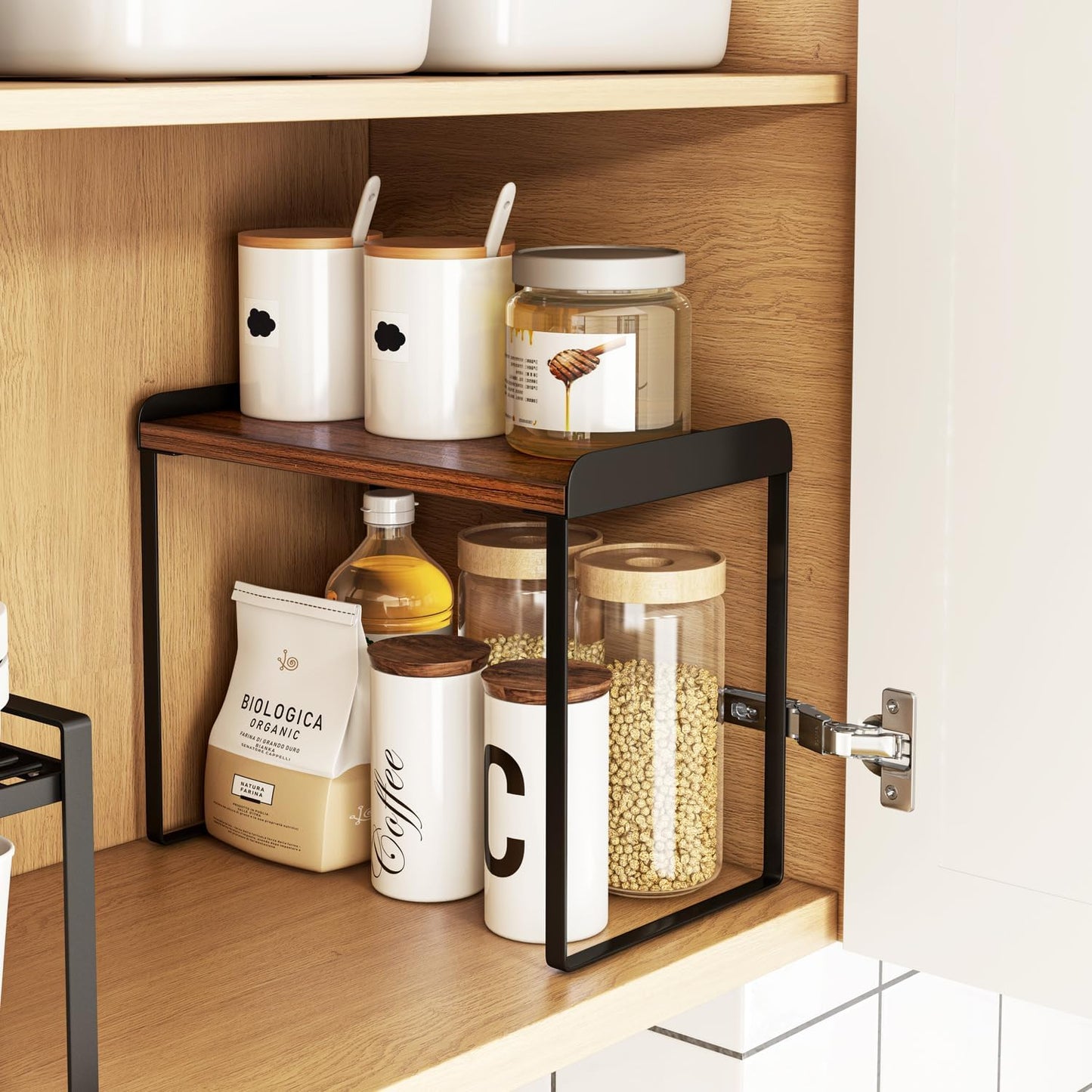 Mitus Shelf Organizer and Storage, Tiered Wood Cabinet Rack for The Kitchen Counter, Bathroom Counter, Pantry Cupboard, Office Desk Bookshelf, 12" Wide Walnut Brown and Black (Large)