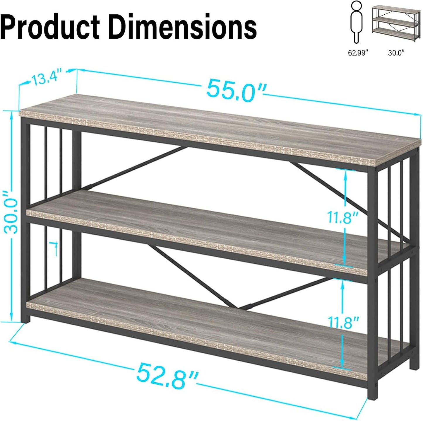 LVB Farmhouse Industrial Console Table, Wood Metal Foyer Entryway Sofa Tables with Storage, 3 Tier Long Rustic Entry Table TV Stand with Shelves for Home Living Room Hallway, Light Grey Oak, 55 Inch