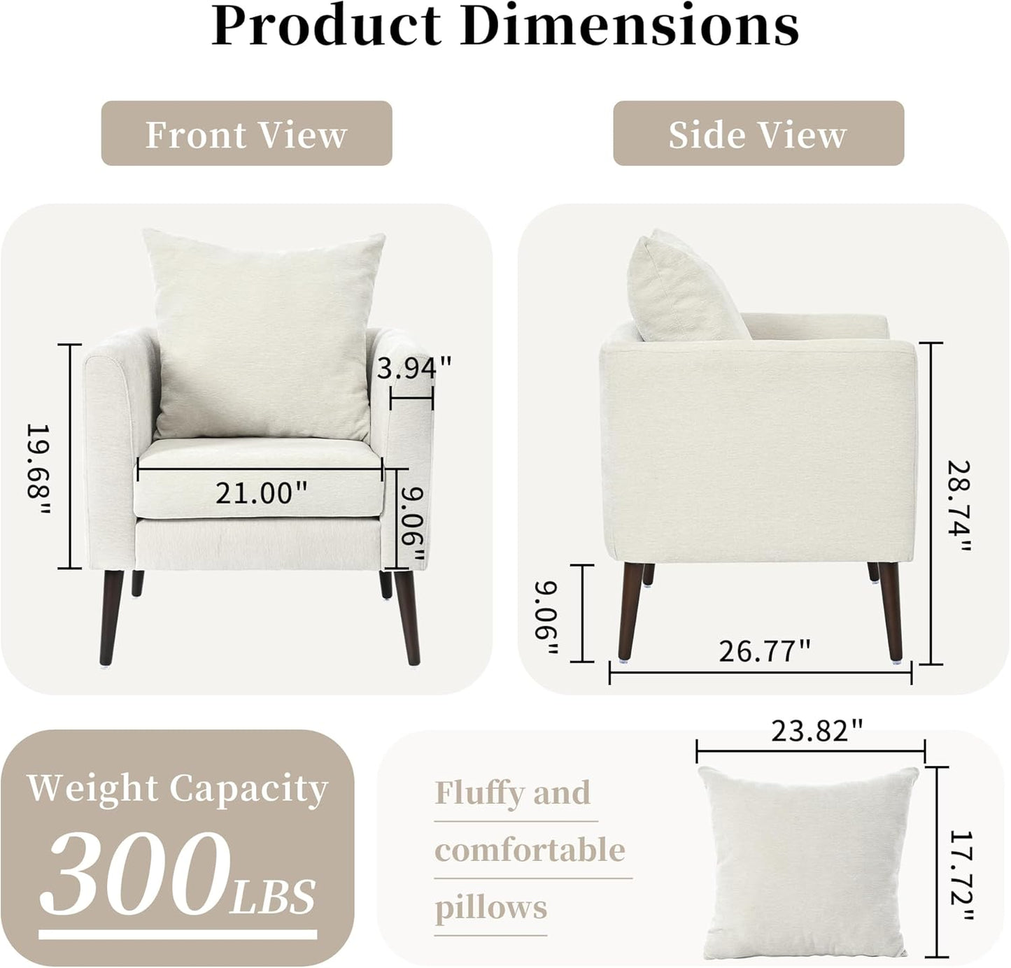 Barrel Accent Chair Set of 2 with Back Pillow, Large Upholstered Armchair with Solid Wood Legs Modern Reading Chairs for Living Room Bedroom