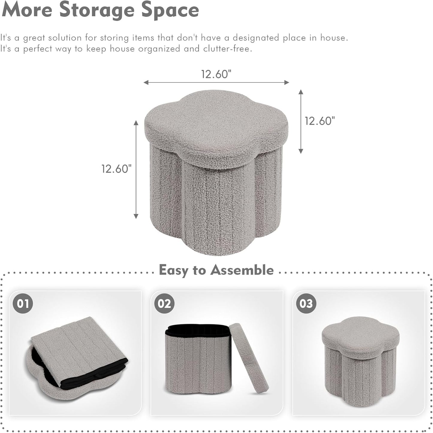 B FSOBEIIALEO Storage Ottoman Cube, Flowers Shaped Ottomans with Storage Foot Stool Footrest for Lving Room, Boucle Ottoman Seat for Dorm Room,Faux Teddy Fur, Grey 12.6"x12.6"x12.6"