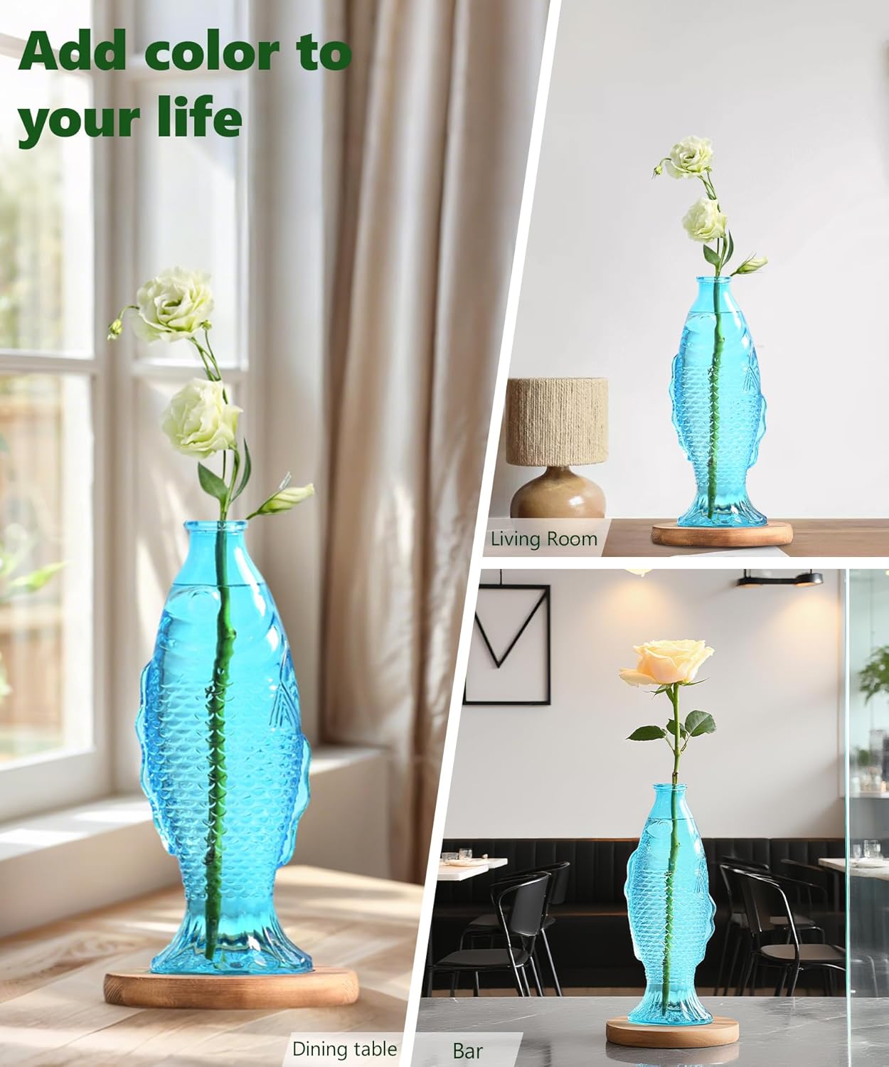 Nacome Fish Vase Glass Plant Terrarium with Wooden Stand,Planter Propagation Station for Home Office Hydroponics Desk Decoration,Unique Gardening Gifts for Plant Lovers Women Mom(Blue)