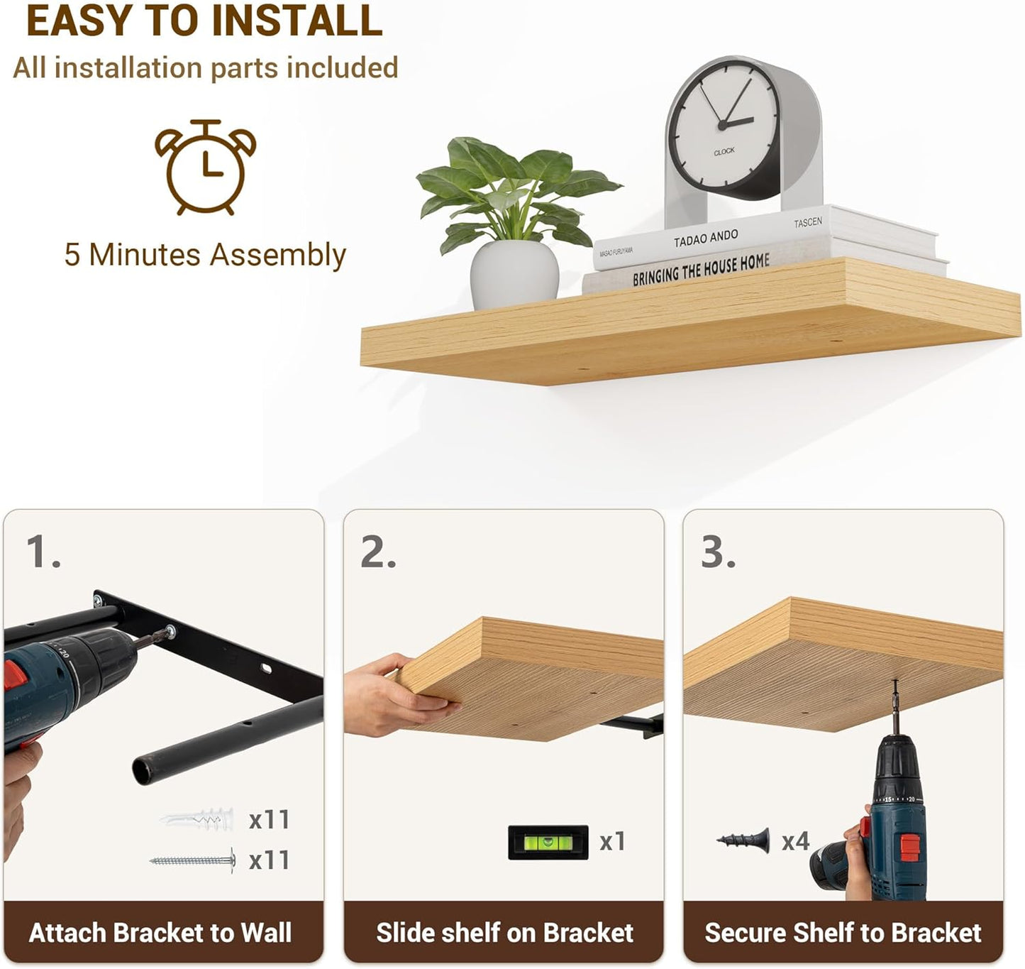 48 Inch Floating Shelves, 3D Textured Wood Grain, 48"x9.25"x1.5" Inch Deep Floating Shelves for Wall, Wooden Shelves for Bathroom, Bedroom, Living Room, Natural