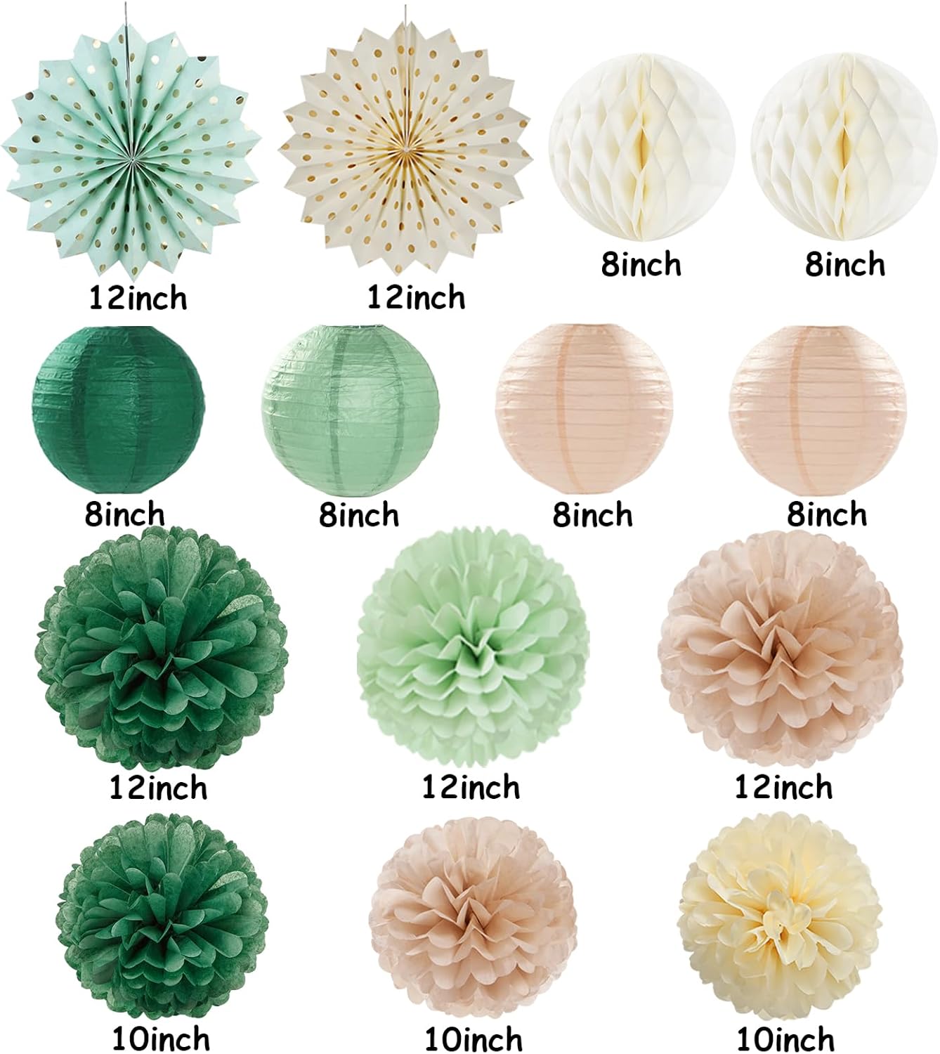 Olive-Sage Green Champagne-Gold Party-Decorations Lanterns - 14pcs Rustic Wedding Paper Fan Streamers,Tissue Pom Poms Honeycomb,Boho Bachelorette Neutral Baby Shower Birthday Bridal Decor Ouruola