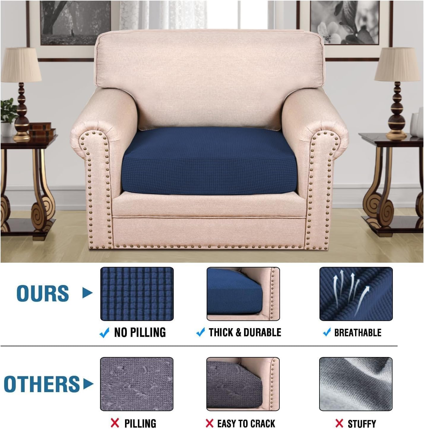 H.VERSAILTEX Super Stretch Individual Seat Cushion Covers Sofa Covers Couch Cushion Covers Slipcover Sets Thick Jacquard Textured Twill Fabric (1 Piece Chair Cushion Cover, Navy)