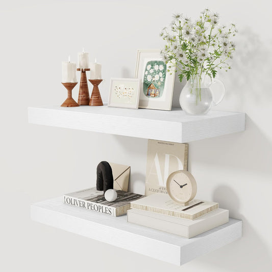 12 Inch Deep White Floating Shelves, 24 x 12 Floating Shelf for Books, Rustic Wood Deep Wall Shelves for Home Storage & Display, 2" Thicked Shelves for Kitchen, Living Room, Bedroom, 2 Pack